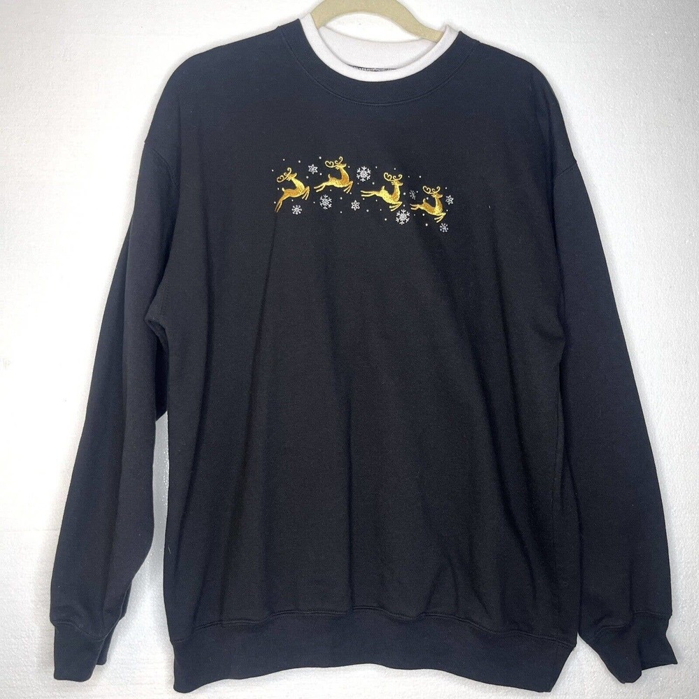 M&C 90s Black Gold Reindeer Embroidered Crewneck Holiday Sweater size large